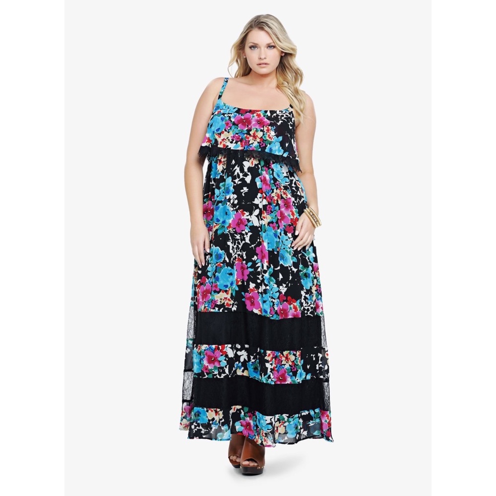 Torrid lace inset chiffon ruffle floral maxi dress